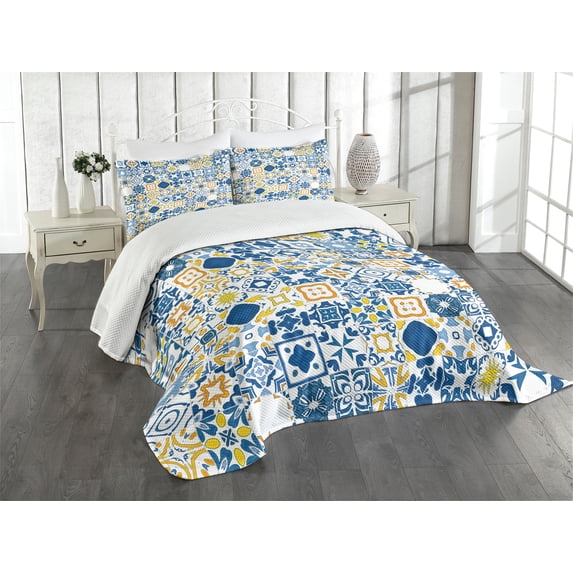 Ambesonne Yellow and Blue Quilted Bedspread Set 3 Pcs, Mosaic Azulejo, King Size, Violet Blue Mustard