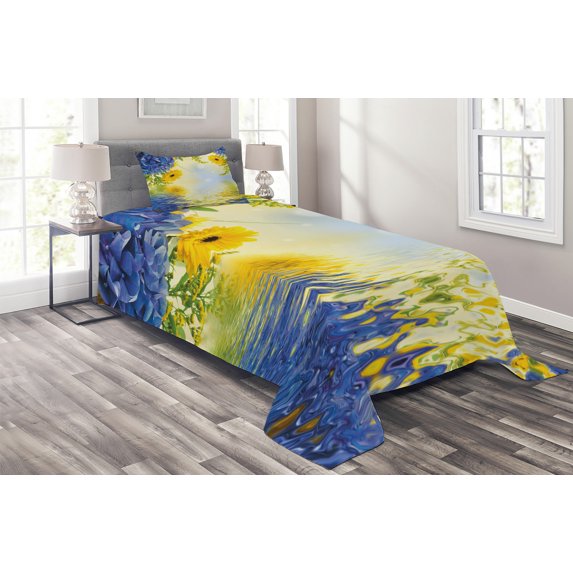 Ambesonne Yellow and Blue Quilted Coverlet 2 Pcs, Romance Bouquet, Twin Size, Violet Blue Earth Yellow