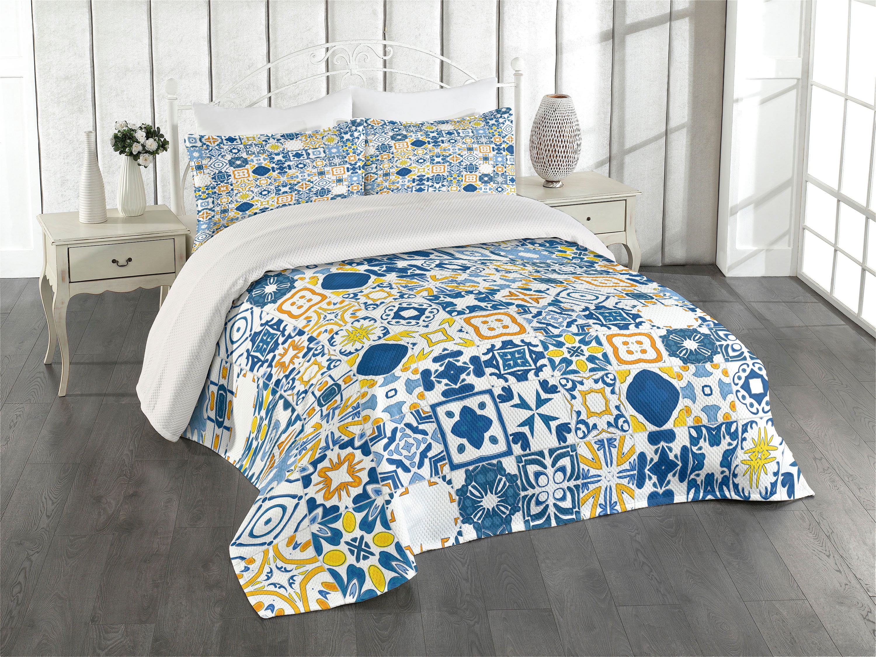 Violet Blue and Mustard Quilted King Bedspread Set