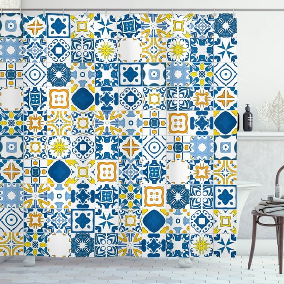 Ambesonne Yellow and Blue Shower Curtain, Mosaic Azulejo, 69"Wx84"L, Violet Blue Mustard