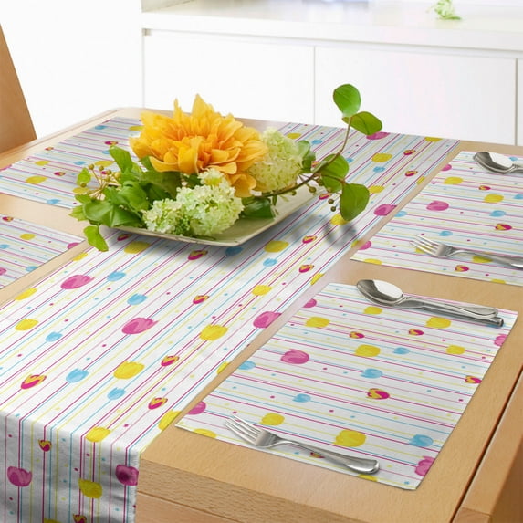 Ambesonne Yellow and Blue Table Runner & Placemats, Stripes Tulips, Placemat 4 pcs + Runner 16"x90", Pink Yellow Pale Blue