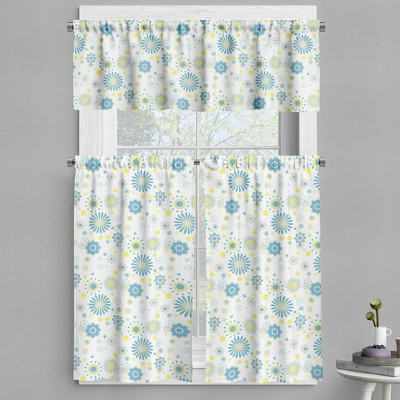Ambesonne Yellow and Blue Valance & Curtain, Floral Scrapbook, 55"x36", Blue Yellow Pale Grey