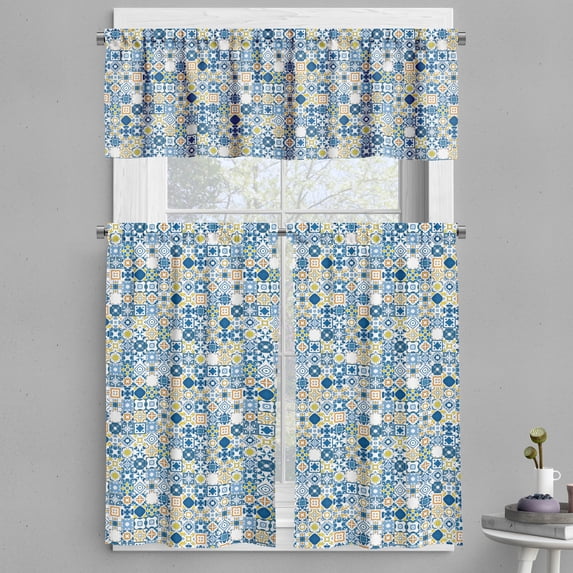 Ambesonne Yellow and Blue Valance & Curtain, Mosaic Azulejo, 55"x45", Violet Blue Mustard