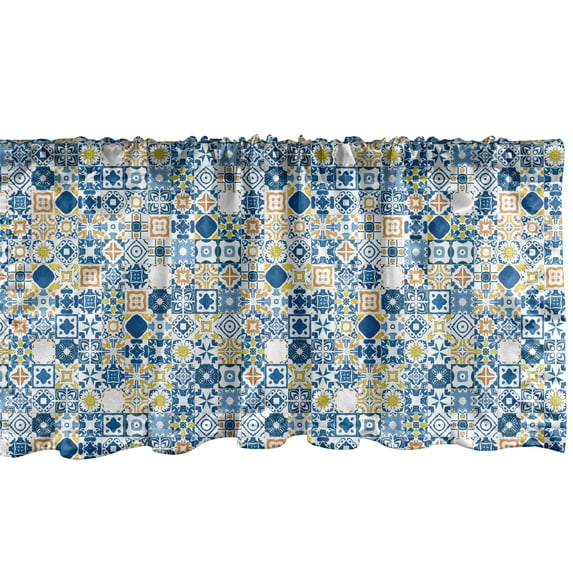 Ambesonne Yellow and Blue Window Valance, Mosaic Azulejo, 42" x 18", Violet Blue Mustard