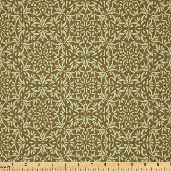 Ambesonne Yellow and Gray Fabric by the Yard Microfiber, Floral Ornament Art, 10 Yards, Green Brown Redwood