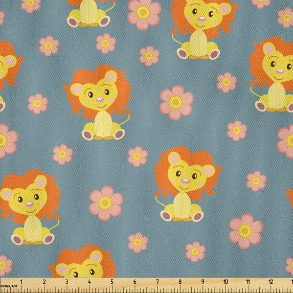 Ambesonne Yellow and Gray Fabric by the Yard Microfiber, Lions and Flower, 1 Yard, Dark Orange Blush
