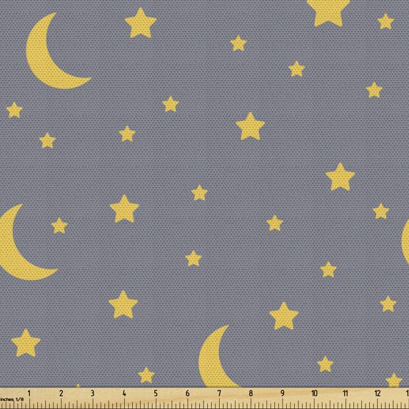 Ambesonne Yellow and Gray Fabric by the Yard Upholstery, Cartoon Stars Moons, 10 Yards, Pale Orange Purpleblue