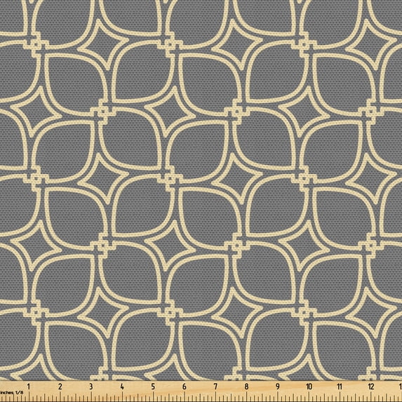 Ambesonne Yellow and Gray Fabric by the Yard Upholstery, Golden Geometric, 2 Yards, Pastel Brown Beige