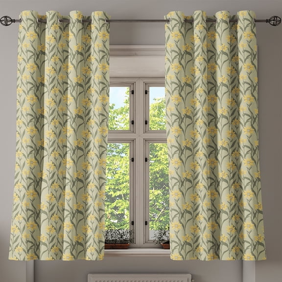 Ambesonne Yellow and Green Grommet Curtain, Retro Daisies, 50" x 63", Army Green and Yellow