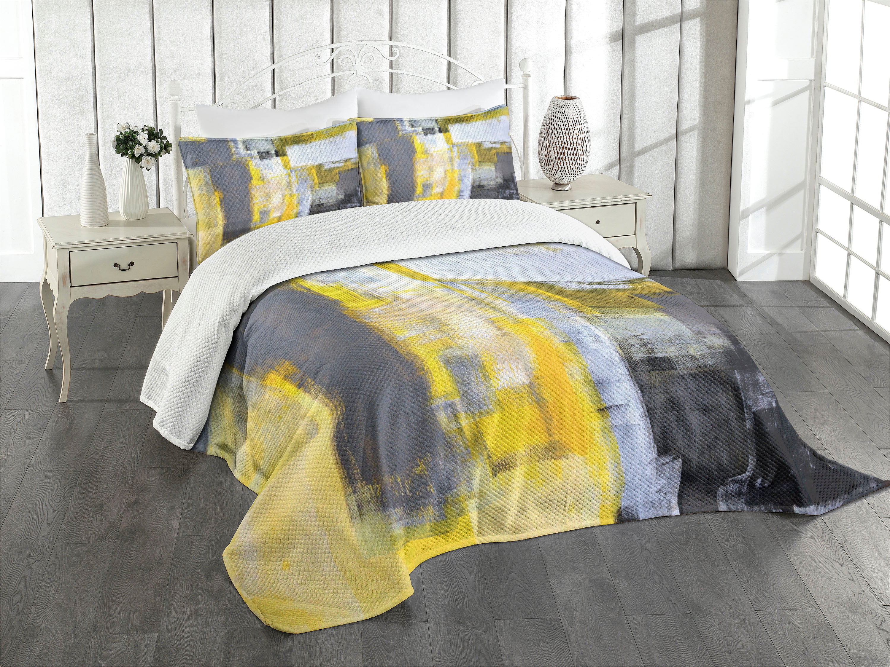 Twin Gray and Yellow Abstract Quilted Bedspread Set
