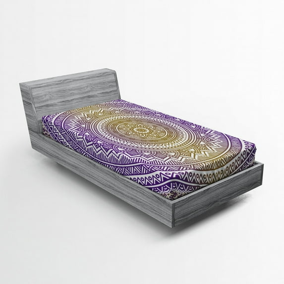 Ambesonne Yellow and Purple Fitted Sheet, Cosmos Mandala, Twin XL Size, Mustard and Purple