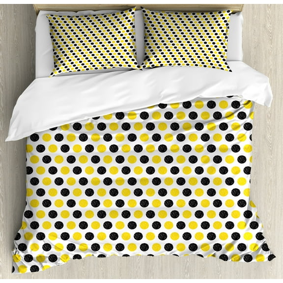 Ambesonne Yellow and White Duvet Cover Sets, Grungy Round, 2-Queen, Yellow Charcoal Grey