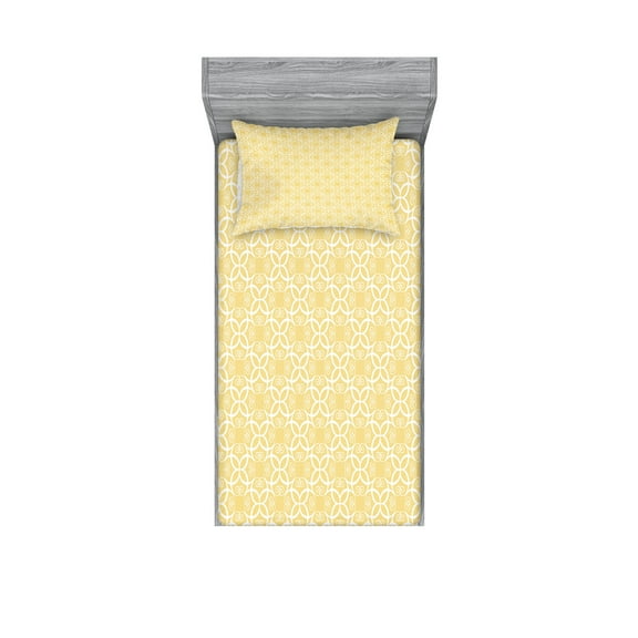 Ambesonne Yellow and White Fitted Sheet & Pillow Sham Set, Ornate Floral, Twin, Pale Yellow White