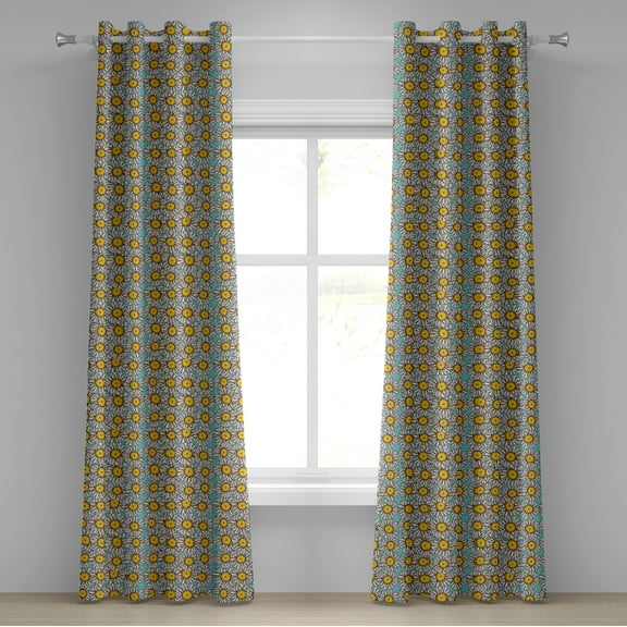 Ambesonne Yellow and White Grommet Curtain, Sketch Daisies, 50" x 84", Pale Blue Marigold White