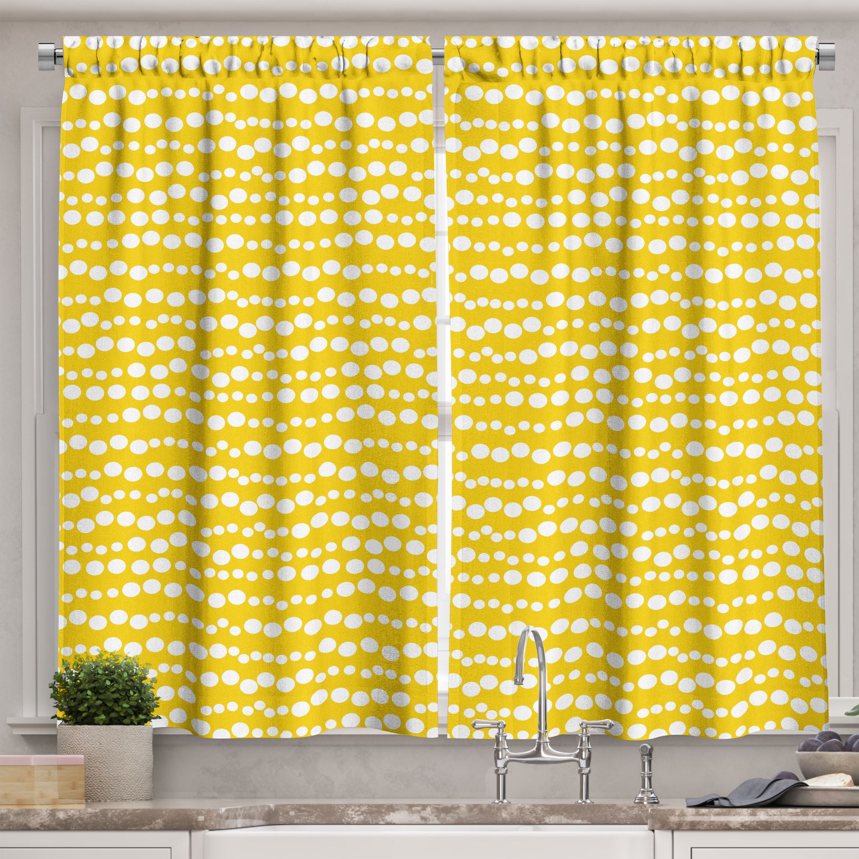 Ambesonne Yellow and White Kitchen Curtains, Doodle Circles, 55"x39 ...