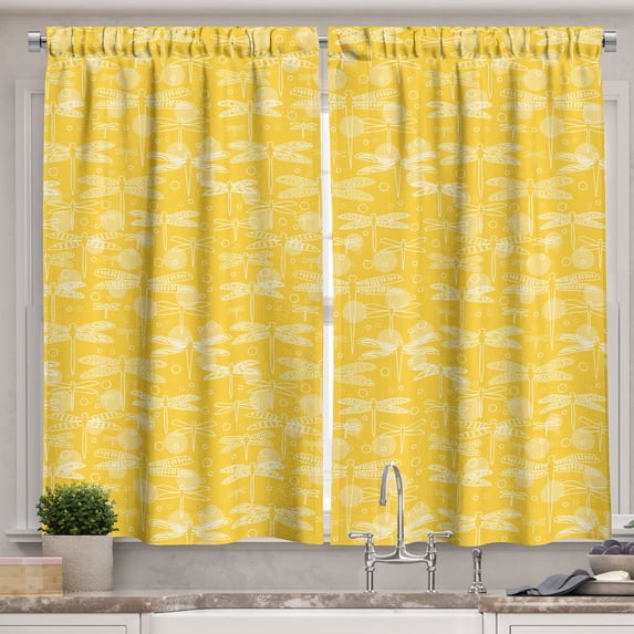 Ambesonne Yellow and White Kitchen Curtains, Insect Outline, 55"x39", Yellow and White
