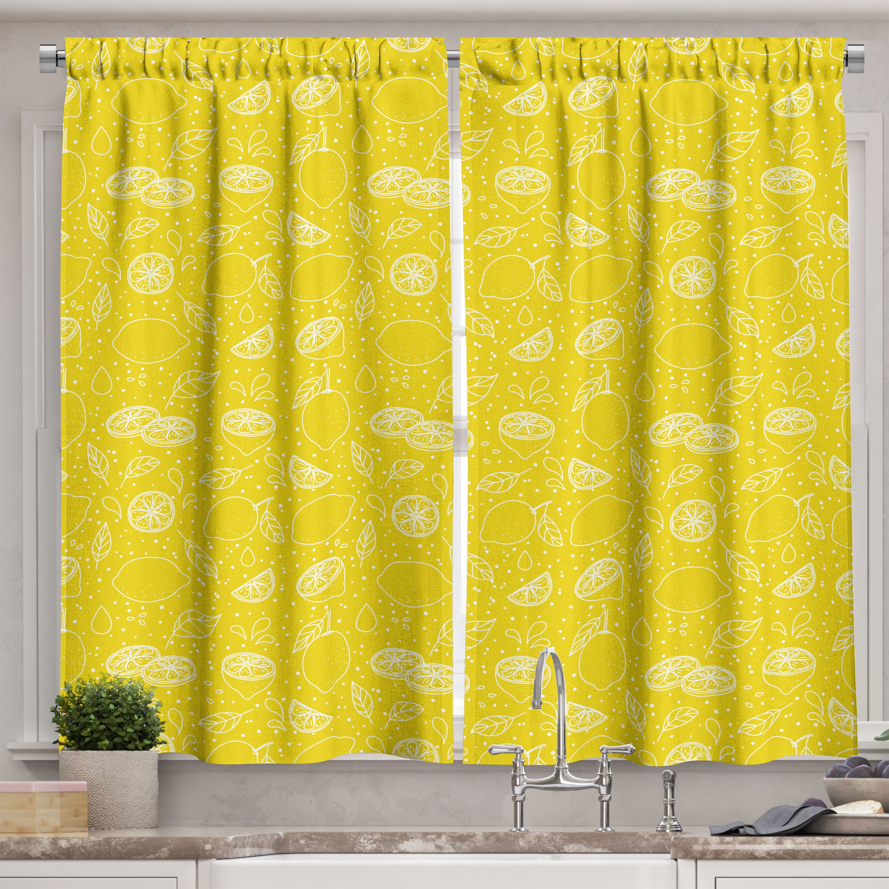Ambesonne Yellow and White Kitchen Curtains, Lemon Design, 55"x39", Yellow White