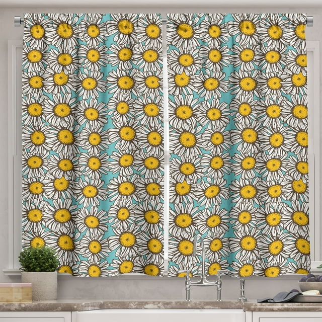 Ambesonne Yellow and White Kitchen Curtains, Sketch Daisies, 55"x45