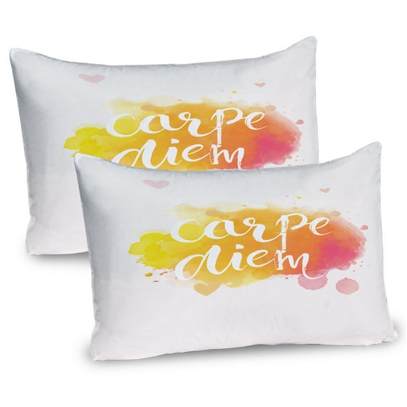 Ambesonne Yellow and White Pillow Sham 2 Pack, Carpe Diem Art, 26"x20", Yellow Marigold Pink