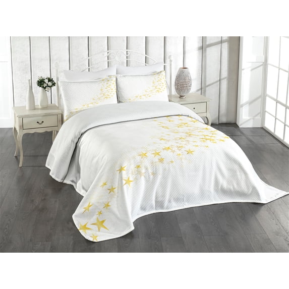 Ambesonne Yellow and White Quilted Bedspread Set 3 Pcs, Stars, Queen Size, Yellow White
