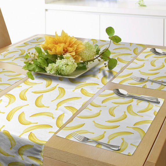 Ambesonne Yellow and White Table Runner & Placemats, Cartoon Banana, Placemat 4 pcs + Runner 12"x90", Yellow White