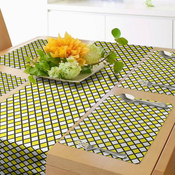 Ambesonne Yellow and White Table Runner & Placemats, Geometric Old, Placemat 4 pcs + Runner 14"x90", Yellow White Black