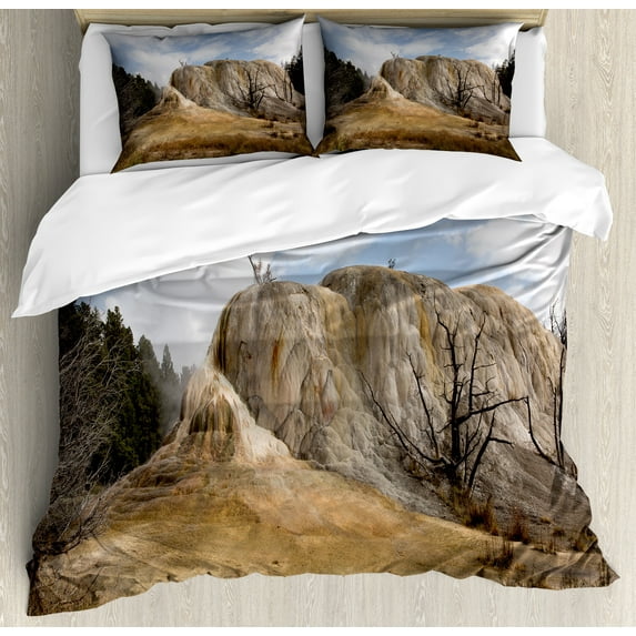 Ambesonne Yellowstone Duvet Cover Set, Rock Orange Spring, 2-Calking, Beige Blue