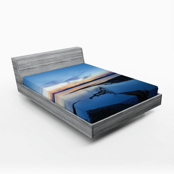 Ambesonne Yellowstone Fitted Sheet, Lake Forest Nature, Queen Size, Blue Orange