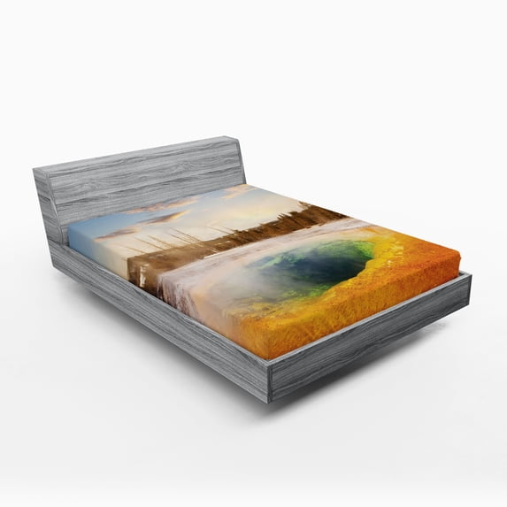 Ambesonne Yellowstone Fitted Sheet, Morning Pool Park, Queen Size, Orange Brown