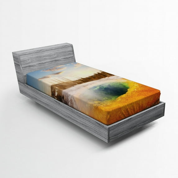 Ambesonne Yellowstone Fitted Sheet, Morning Pool Park, Twin XL Size, Orange Brown