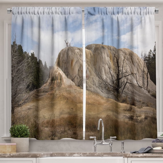 Ambesonne Yellowstone Kitchen Curtains, Rock Orange Spring, 55"x45", Beige Blue