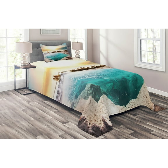 Ambesonne Yellowstone Quilted Coverlet 2 Pcs, Park Earth, Twin Size, Turquoise