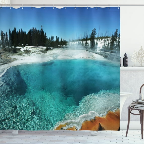 Ambesonne Yellowstone Shower Curtain, Snowy Forest Pool, 69"Wx75"L, Turquoise Blue