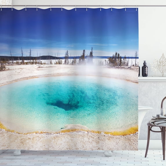 Ambesonne Yellowstone Shower Curtain, Spring Hot Volcano, 69"Wx70"L, Turquoise Blue