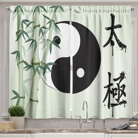 Ambesonne Yin Yang Kitchen Curtains, Taiji Oneness Duality Art, 55"x39", Pale Green and Dark Grey