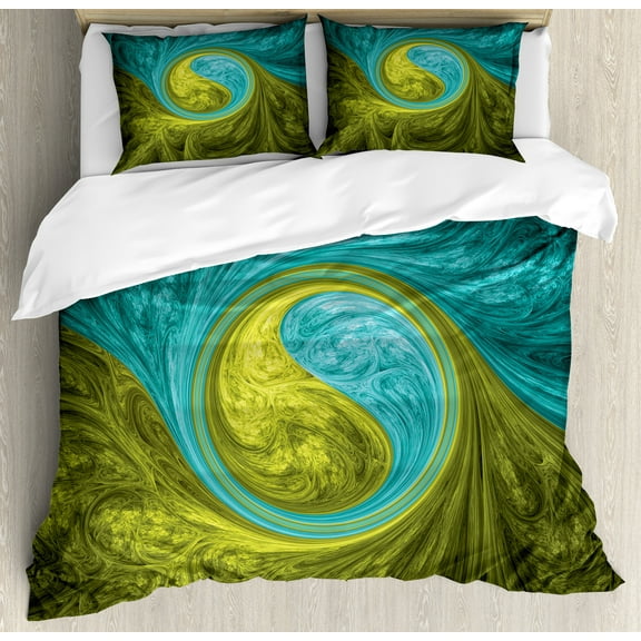 Ambesonne Ying Yang Duvet Cover Set, Eastern Circle Ethnic Art, King, Khaki Teal