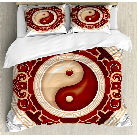 Ambesonne Ying Yang Duvet Cover Set, Traditional Cultural, 2-Calking, Maroon Cream White