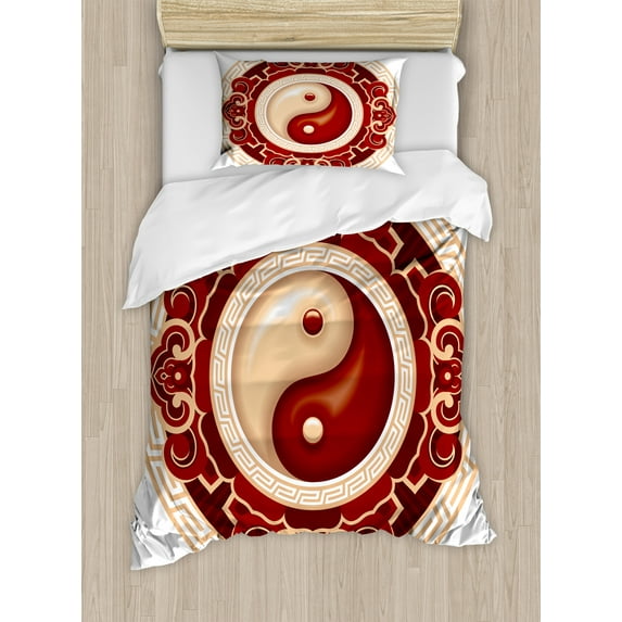 Ambesonne Ying Yang Duvet Cover Set, Traditional Cultural, Twin, Maroon Cream White