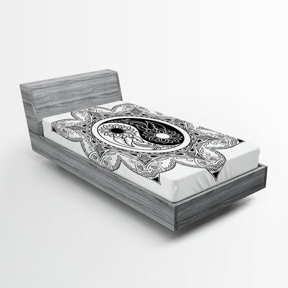 Ambesonne Ying Yang Fitted Sheet, Boho Mandala Sign, Twin XL Size, Black and White