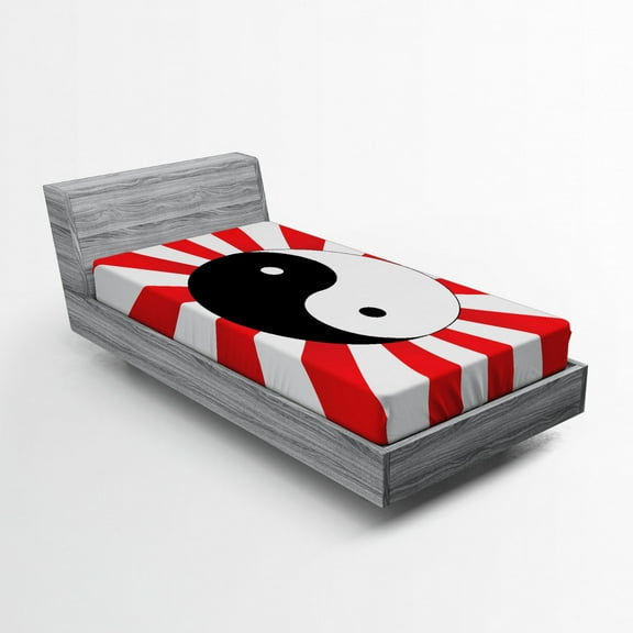 Ambesonne Ying Yang Fitted Sheet, Chinese Sun, Twin Size, Black White Red
