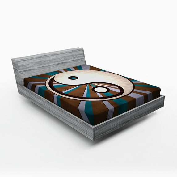 Ambesonne Ying Yang Fitted Sheet, Grungy Retro Hippie, Queen Size, Brown White Blue