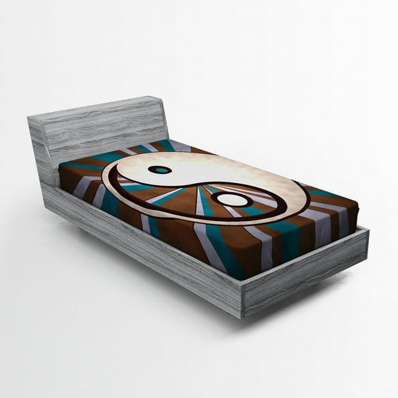 Ambesonne Ying Yang Fitted Sheet, Grungy Retro Hippie, Twin XL Size, Brown White Blue