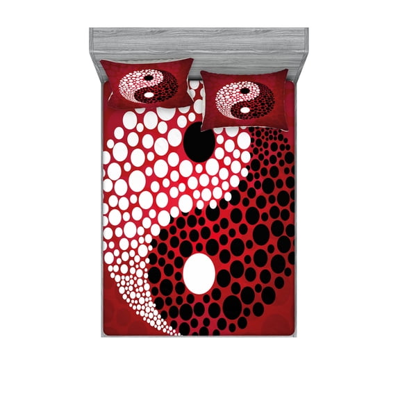 Ambesonne Ying Yang Fitted Sheet & Pillow Sham Set, Abstract Cosmos Sign, Calking, Red