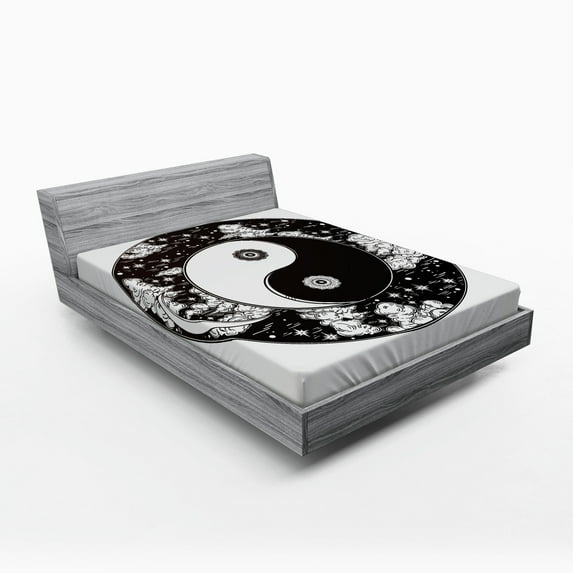 Ambesonne Ying Yang Fitted Sheet, Stars Moon Night Sky, Queen Size, Black and White