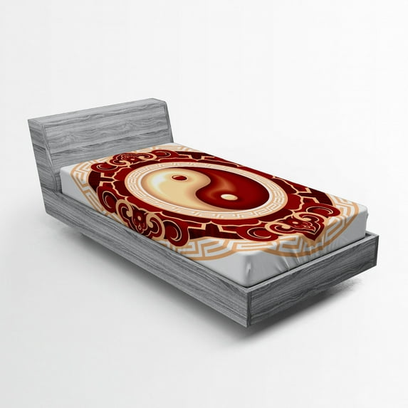 Ambesonne Ying Yang Fitted Sheet, Traditional Cultural, Twin Size, Maroon Cream White