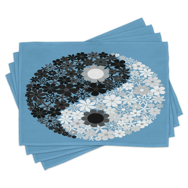 Ambesonne Ying Yang Place Mats Set of 4, Tao Sign Floral, Standard Size, Blue Black Grey