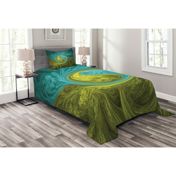 Ambesonne Ying Yang Quilted Bedspread Set 2 Pcs, Eastern Circle Ethnic Art, Twin Size, Khaki Teal