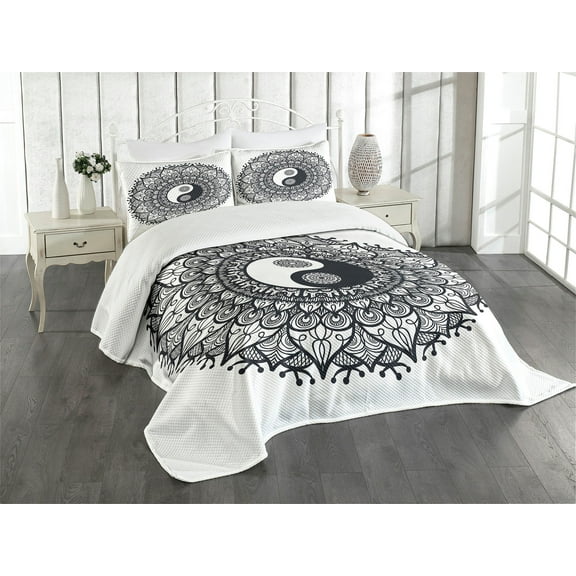 Ambesonne Ying Yang Quilted Bedspread Set 3 Pcs, Bohemian Mendi Art, King Size, Charcoal Grey White