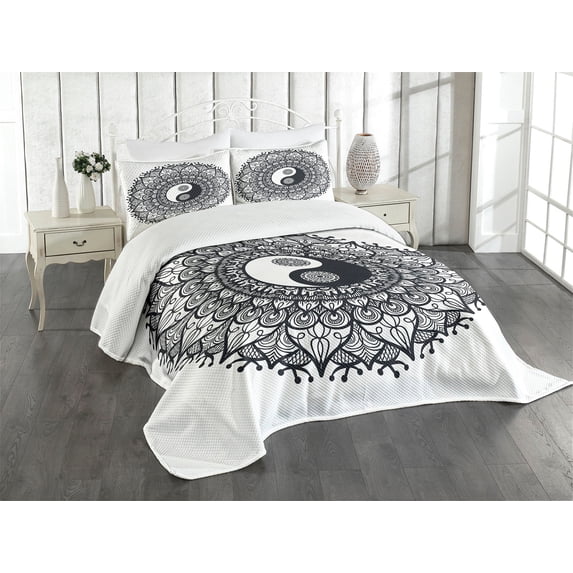 Ambesonne Ying Yang Quilted Bedspread Set 3 Pcs, Bohemian Mendi Art, Queen Size, Charcoal Grey White