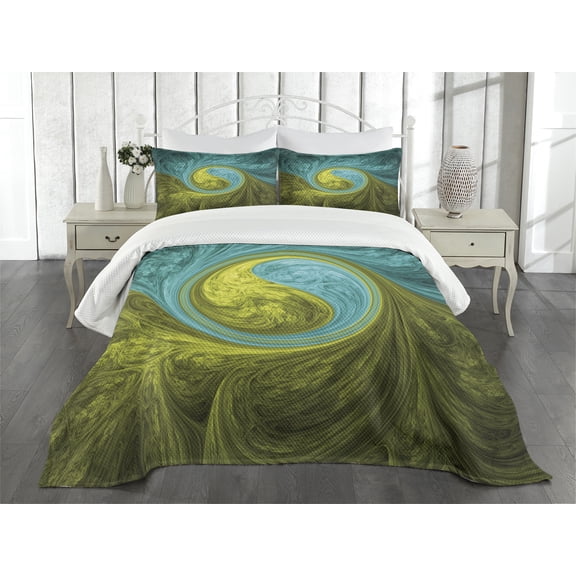 Ambesonne Ying Yang Quilted Bedspread Set 3 Pcs, Eastern Circle Ethnic Art, King Size, Khaki Teal